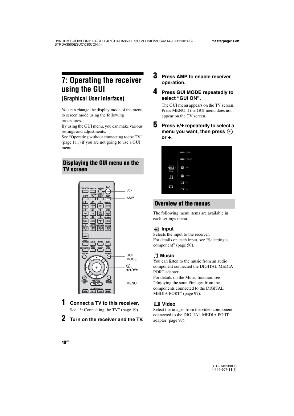 Operating the receiver using the gui, Graphical user interface), Displaying the gui menu on the tv screen | Overview of the menus | Sony STR-DA3500ES User Manual | Page 40 / 148