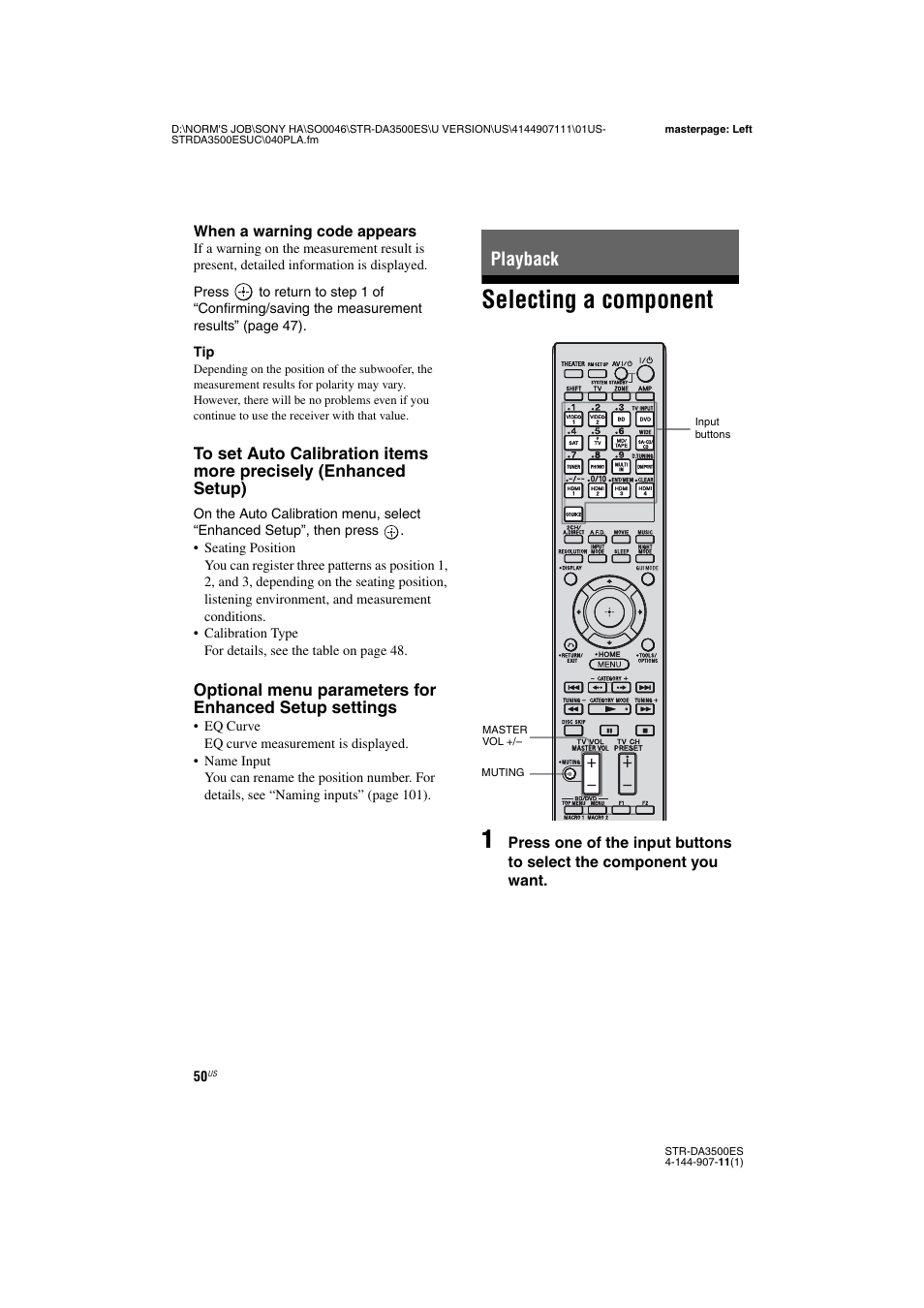 Playback, Selecting a component, Selecting a component 1 | Sony STR-DA3500ES User Manual | Page 50 / 148