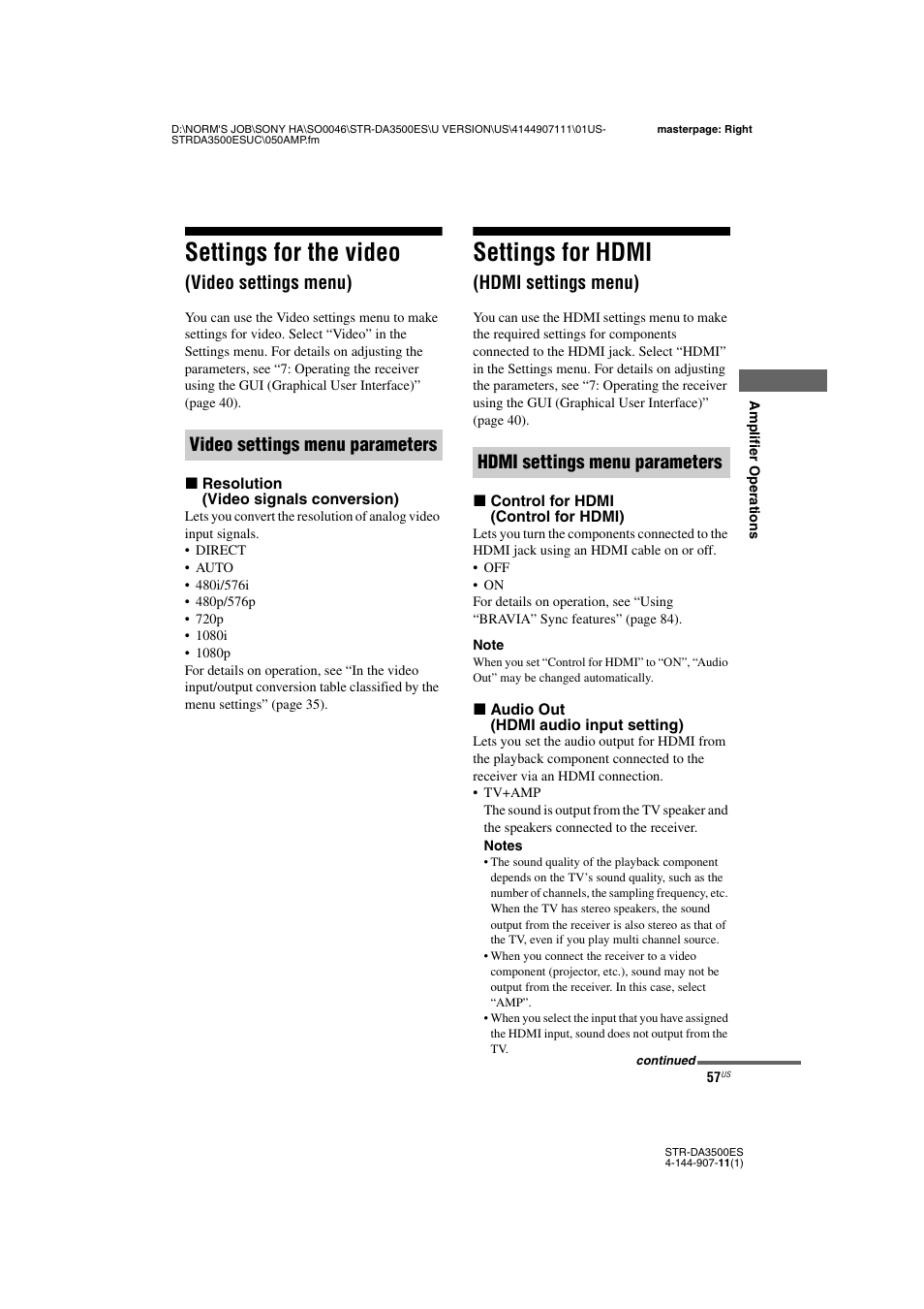 Settings for the video (video settings menu), Settings for hdmi (hdmi settings menu), Settings for the video | Video settings menu), Settings for hdmi, Hdmi settings menu) | Sony STR-DA3500ES User Manual | Page 57 / 148