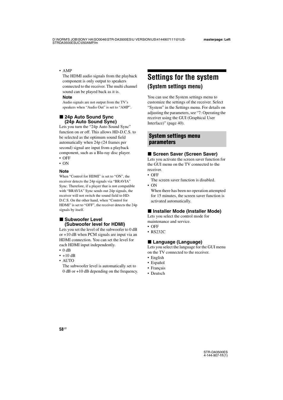 Settings for the system (system settings menu), Settings for the system, System settings menu) | System settings menu parameters | Sony STR-DA3500ES User Manual | Page 58 / 148