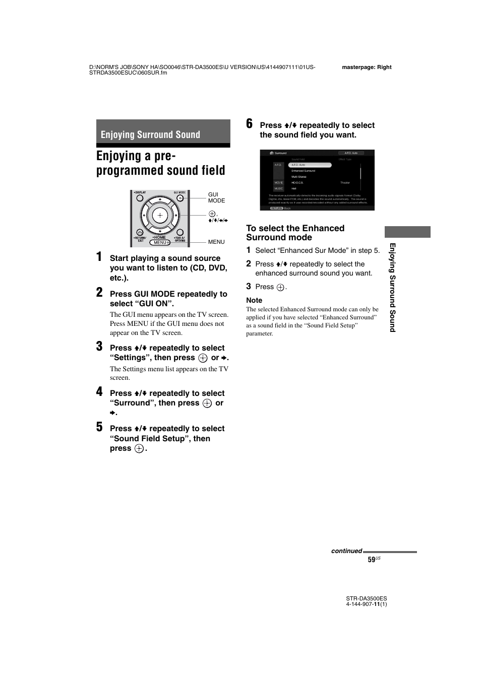 Enjoying surround sound, Enjoying a pre- programmed sound field, Enjoying a pre-programmed sound field | Enjoying a pre- programmed sound field 1 | Sony STR-DA3500ES User Manual | Page 59 / 148