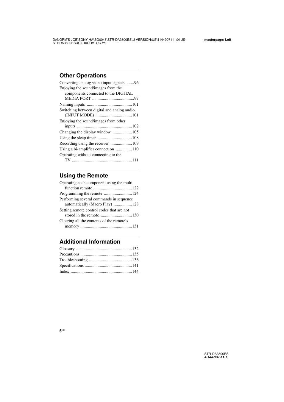 Other operations, Using the remote, Additional information | Sony STR-DA3500ES User Manual | Page 6 / 148