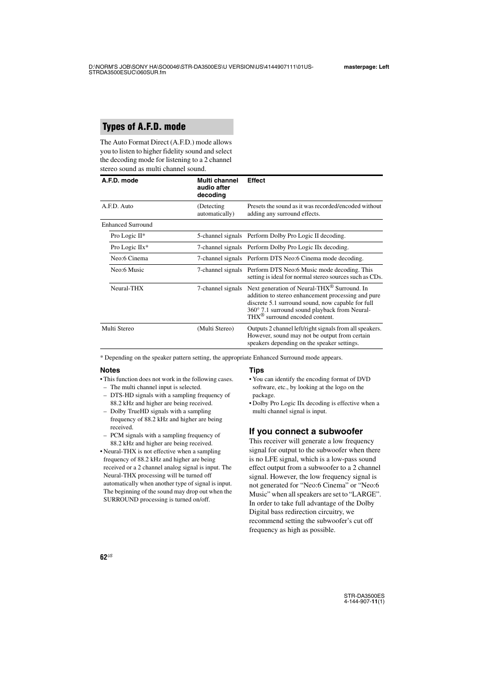 Types of a.f.d. mode, If you connect a subwoofer | Sony STR-DA3500ES User Manual | Page 62 / 148