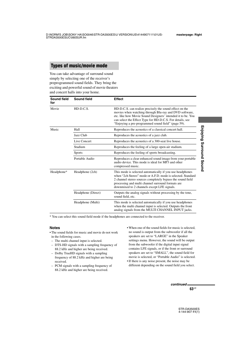 Types of music/movie mode | Sony STR-DA3500ES User Manual | Page 63 / 148