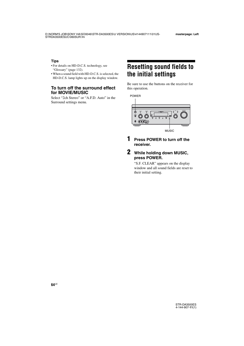 Resetting sound fields to the initial settings, Resetting sound fields to the initial, Settings | Sony STR-DA3500ES User Manual | Page 64 / 148