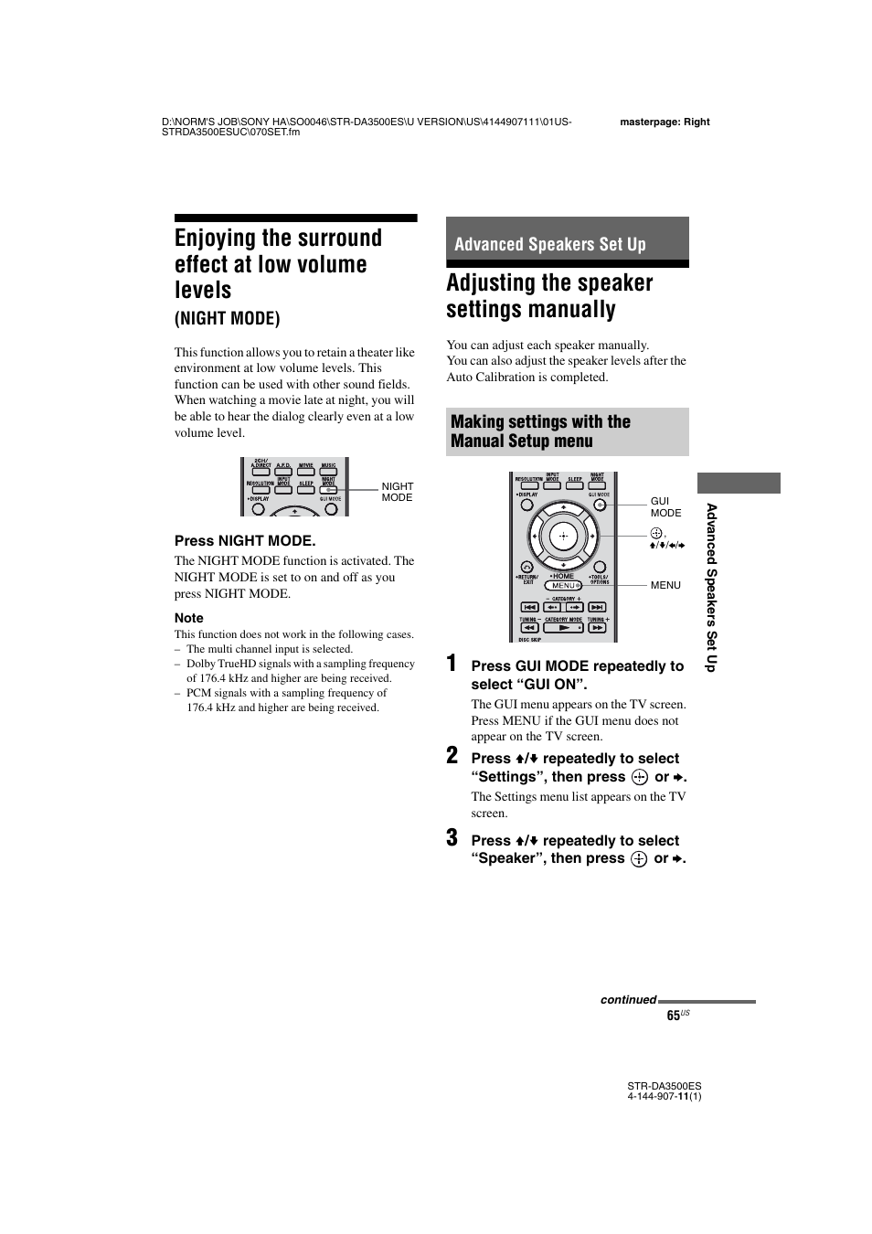 Advanced speakers set up, Adjusting the speaker settings manually, Enjoying the surround effect at low volume | Levels (night mode), Enjoying the surround effect at low volume levels, Night mode) | Sony STR-DA3500ES User Manual | Page 65 / 148