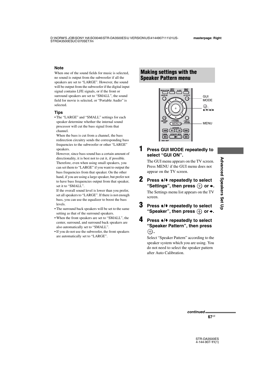 Making settings with the speaker pattern menu | Sony STR-DA3500ES User Manual | Page 67 / 148