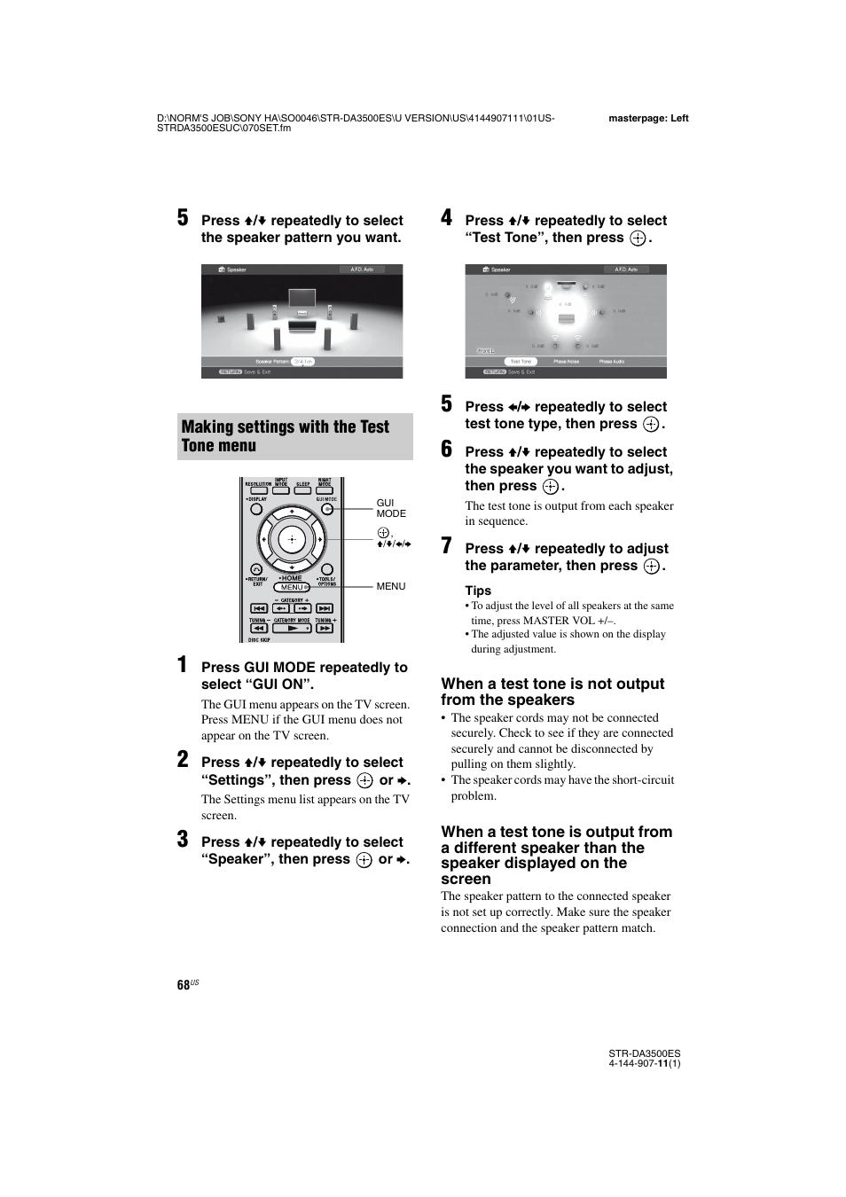 Making settings with the test tone menu | Sony STR-DA3500ES User Manual | Page 68 / 148