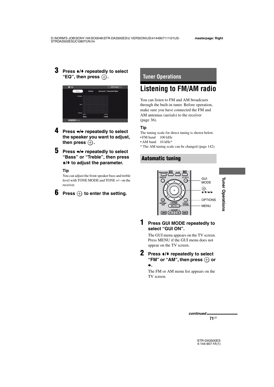 Tuner operations, Listening to fm/am radio, Tuner operations automatic tuning | Sony STR-DA3500ES User Manual | Page 71 / 148