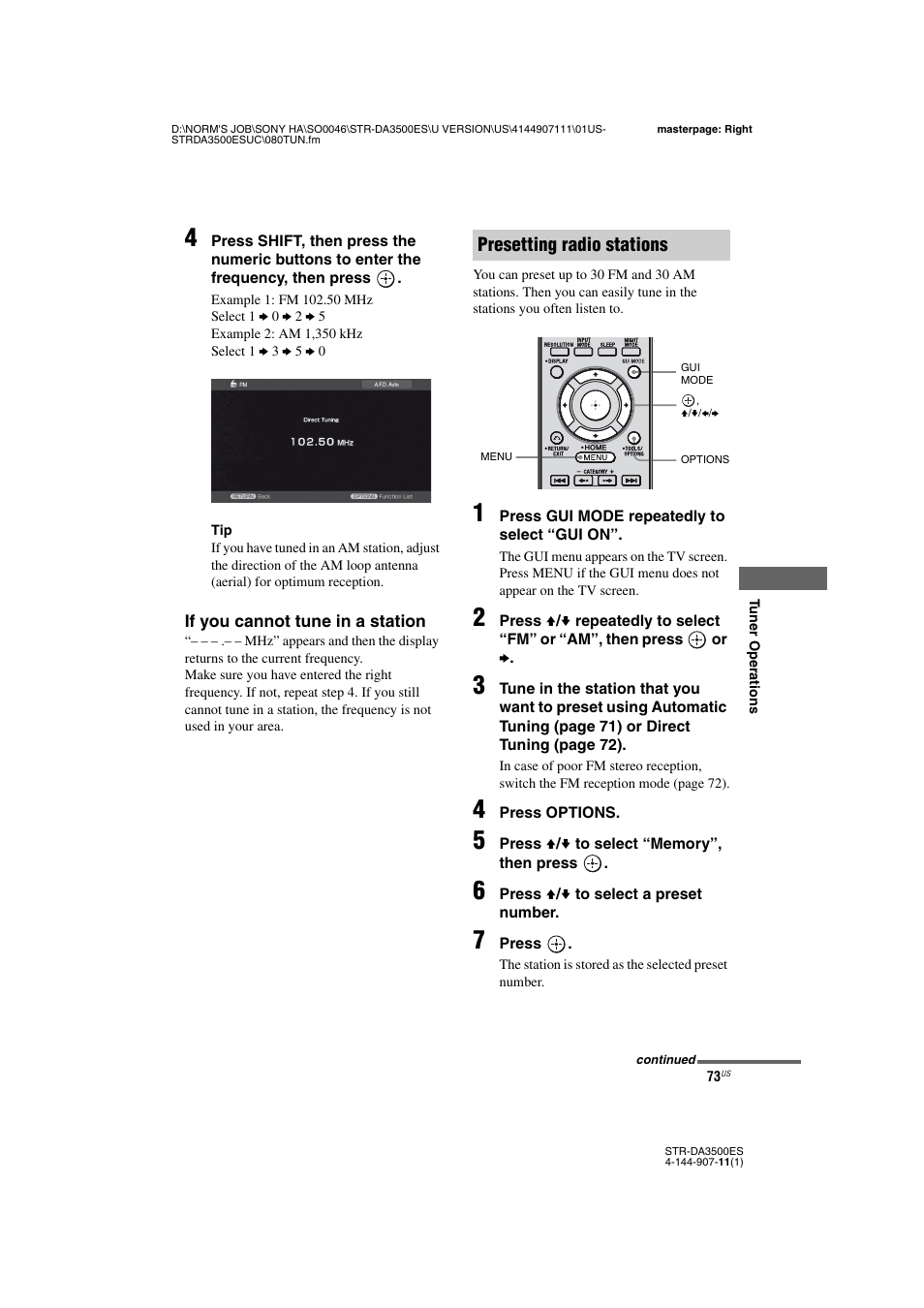 Presetting radio stations | Sony STR-DA3500ES User Manual | Page 73 / 148