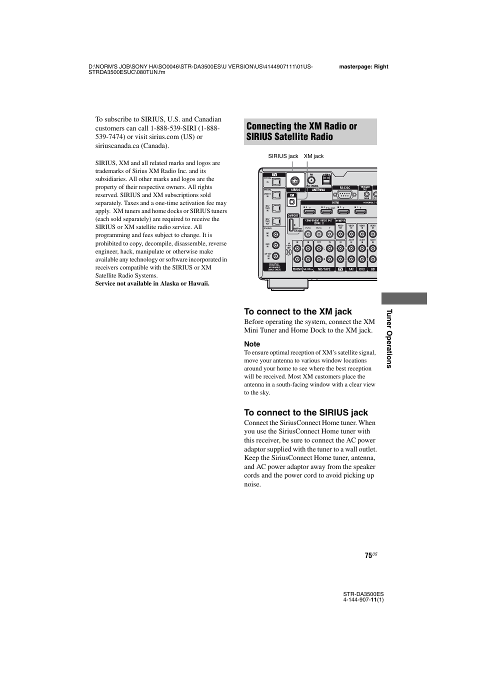 Connecting the xm radio or sirius satellite radio | Sony STR-DA3500ES User Manual | Page 75 / 148