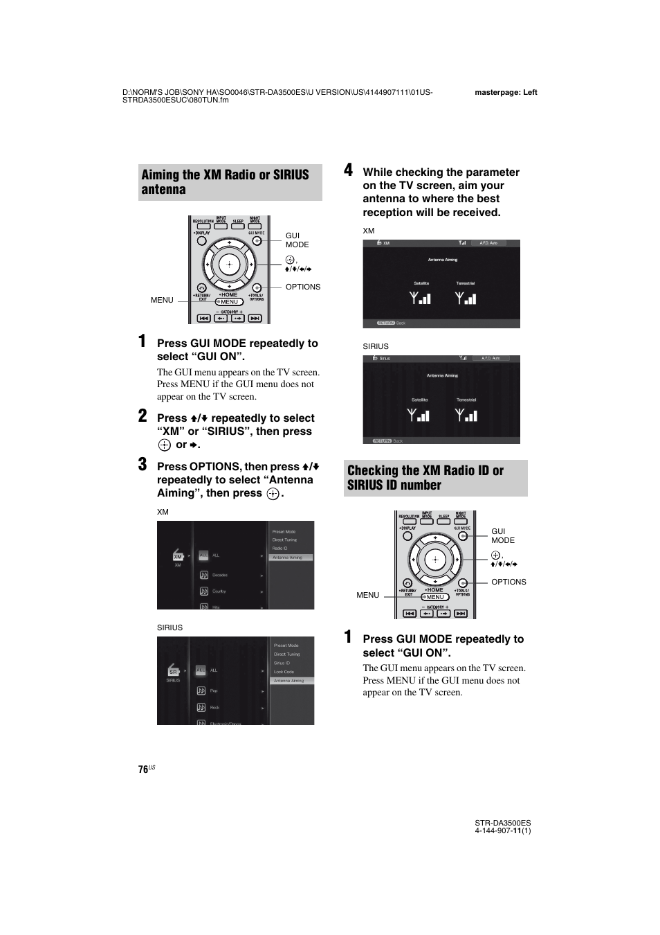 Aiming the xm radio or sirius antenna, Checking the xm radio id or sirius id number | Sony STR-DA3500ES User Manual | Page 76 / 148