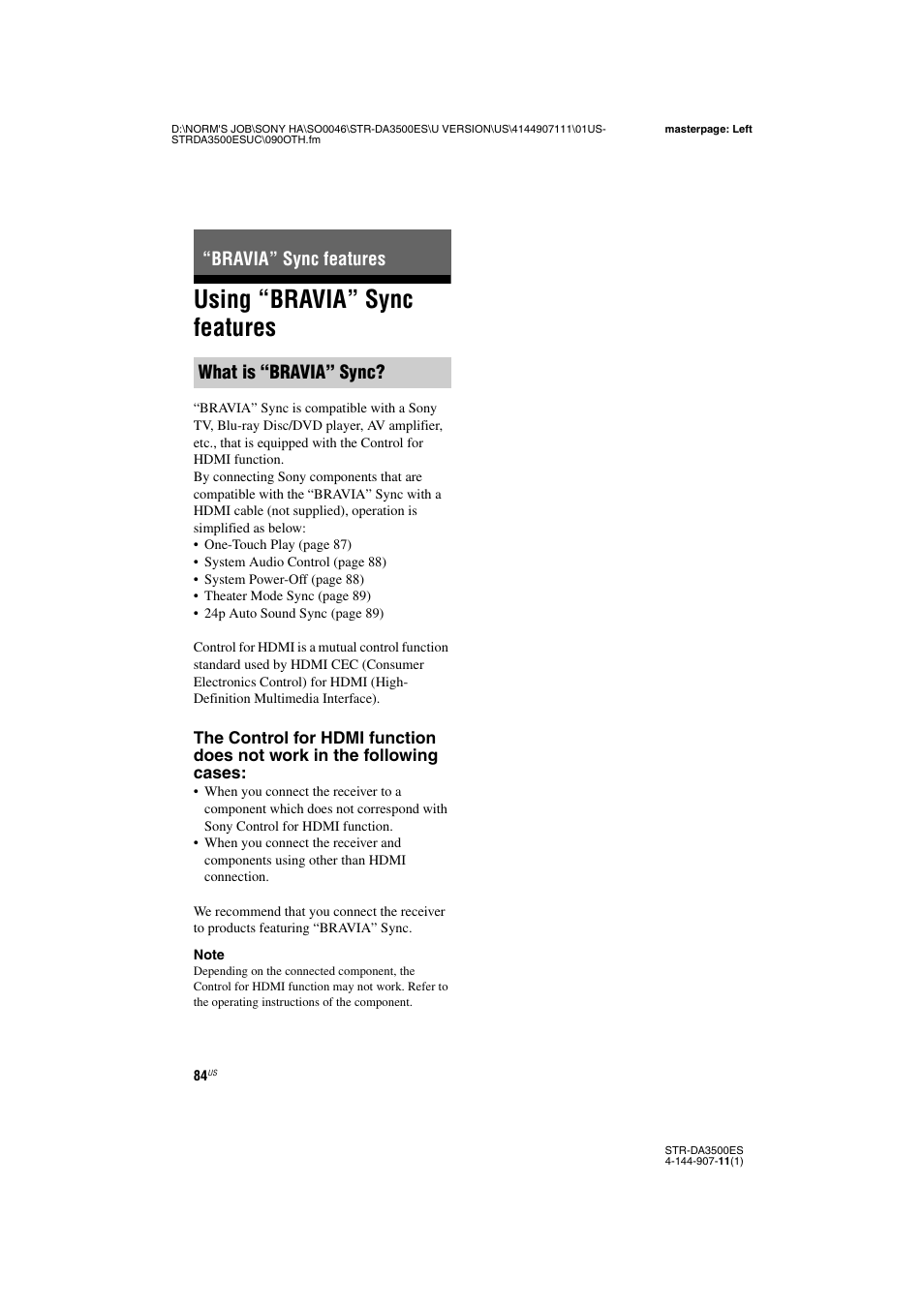 Bravia” sync features, Using “bravia” sync features, Bravia” sync features what is “bravia” sync | Sony STR-DA3500ES User Manual | Page 84 / 148