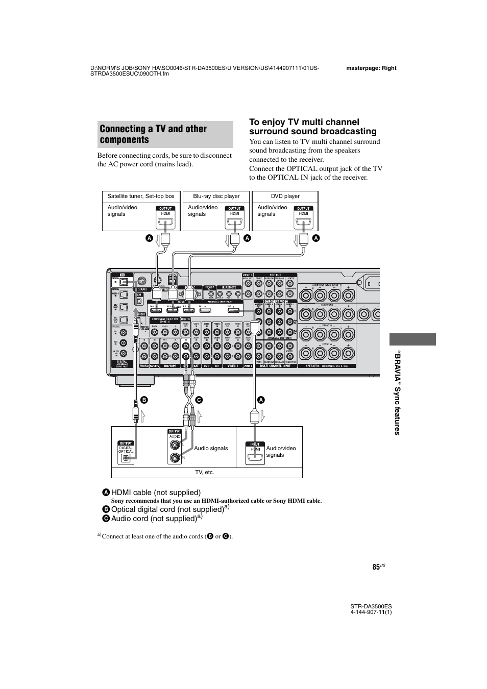 Connecting a tv and other components | Sony STR-DA3500ES User Manual | Page 85 / 148