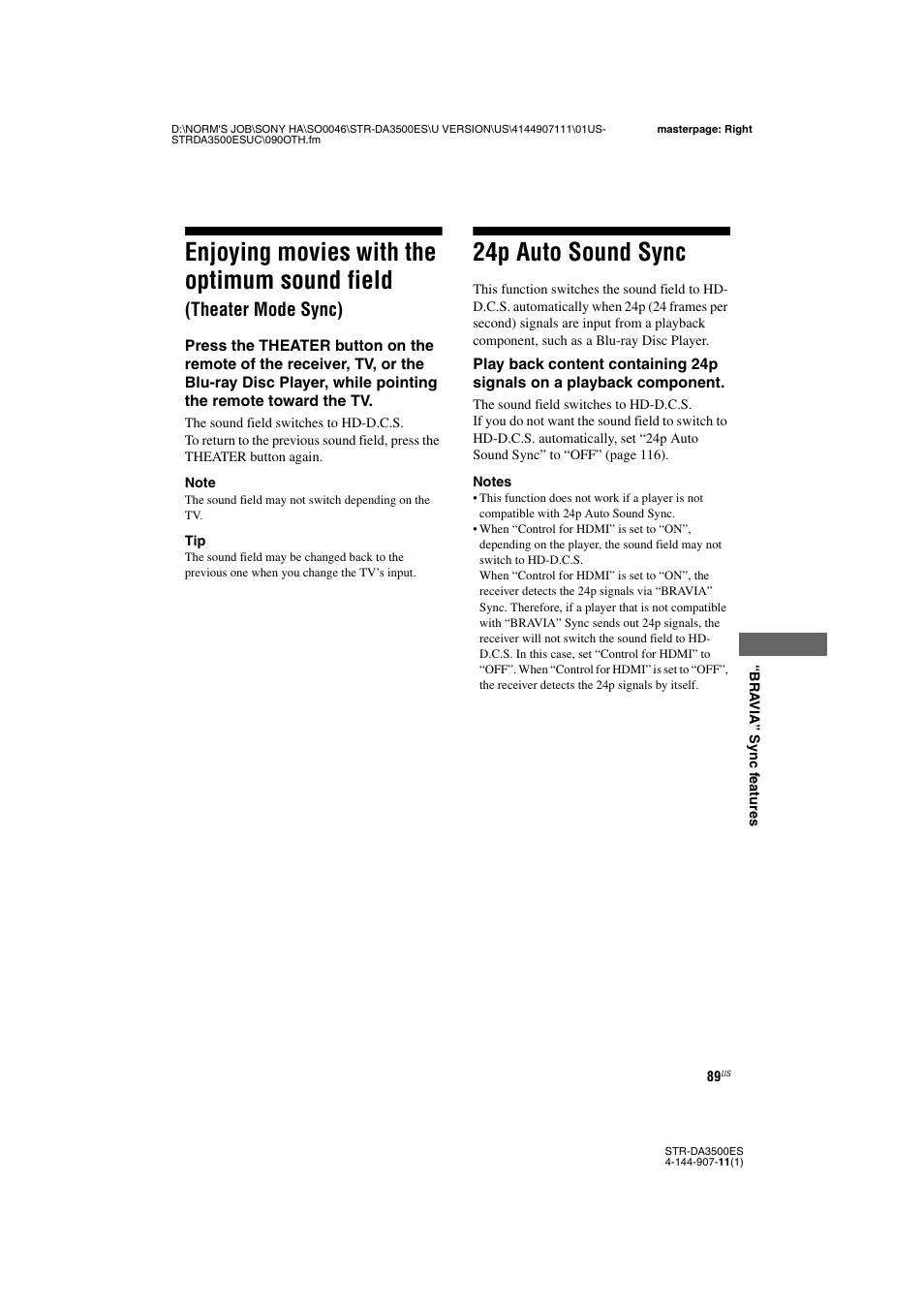 24p auto sound sync, Enjoying movies with the optimum sound, Field (theater mode sync) | Enjoying movies with the optimum sound field, Theater mode sync) | Sony STR-DA3500ES User Manual | Page 89 / 148