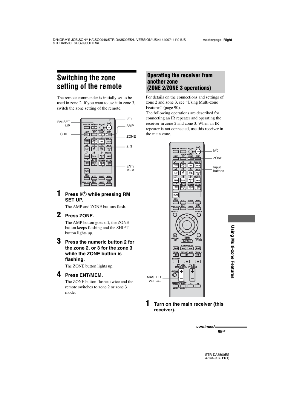 Switching the zone setting of the remote | Sony STR-DA3500ES User Manual | Page 95 / 148