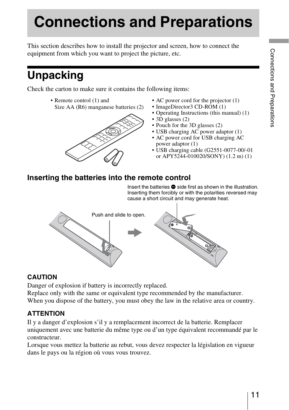 Connections and preparations, Unpacking | Sony VPL-VW95ES User Manual | Page 11 / 95