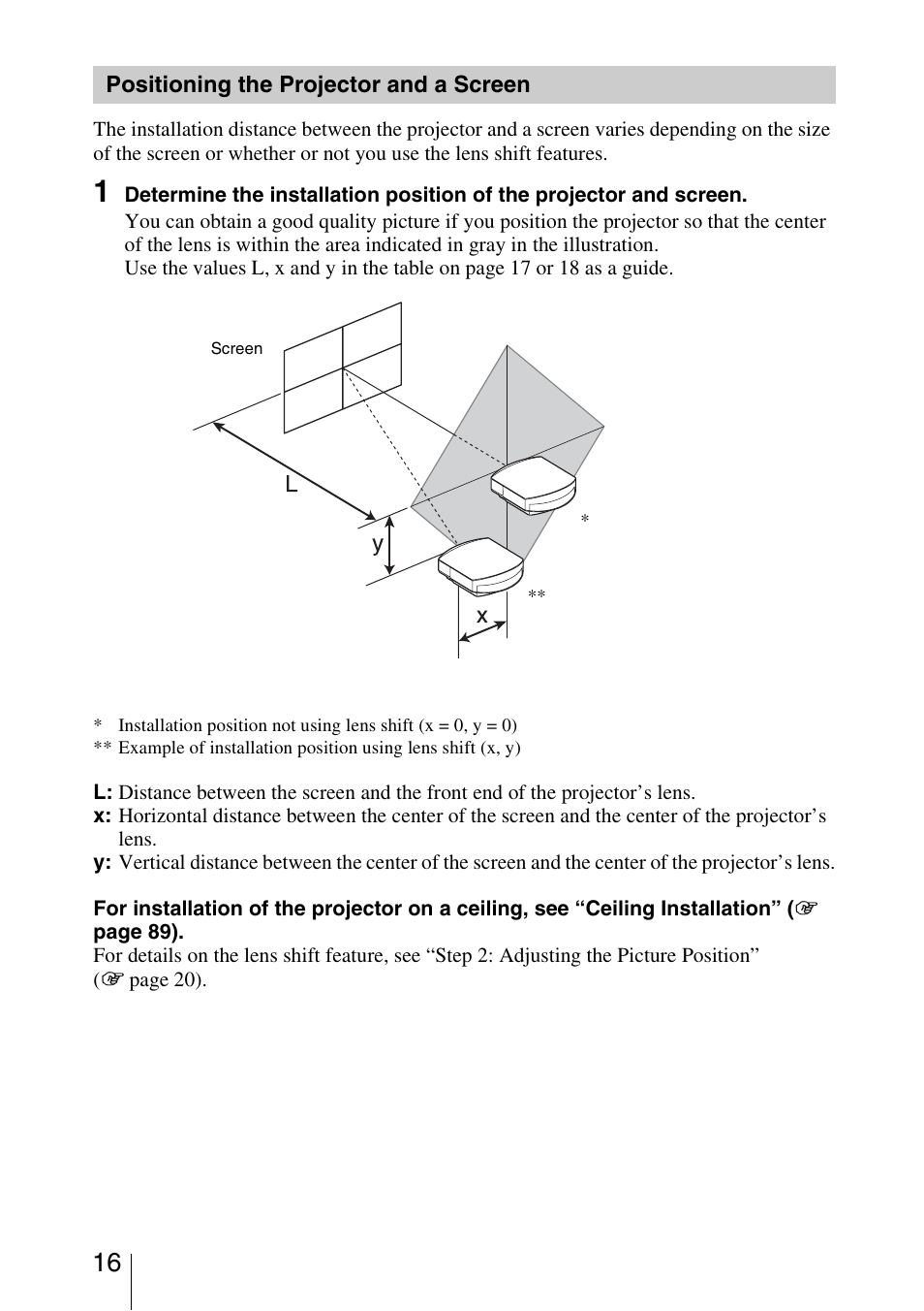 Positioning the projector and a screen | Sony VPL-VW95ES User Manual | Page 16 / 95