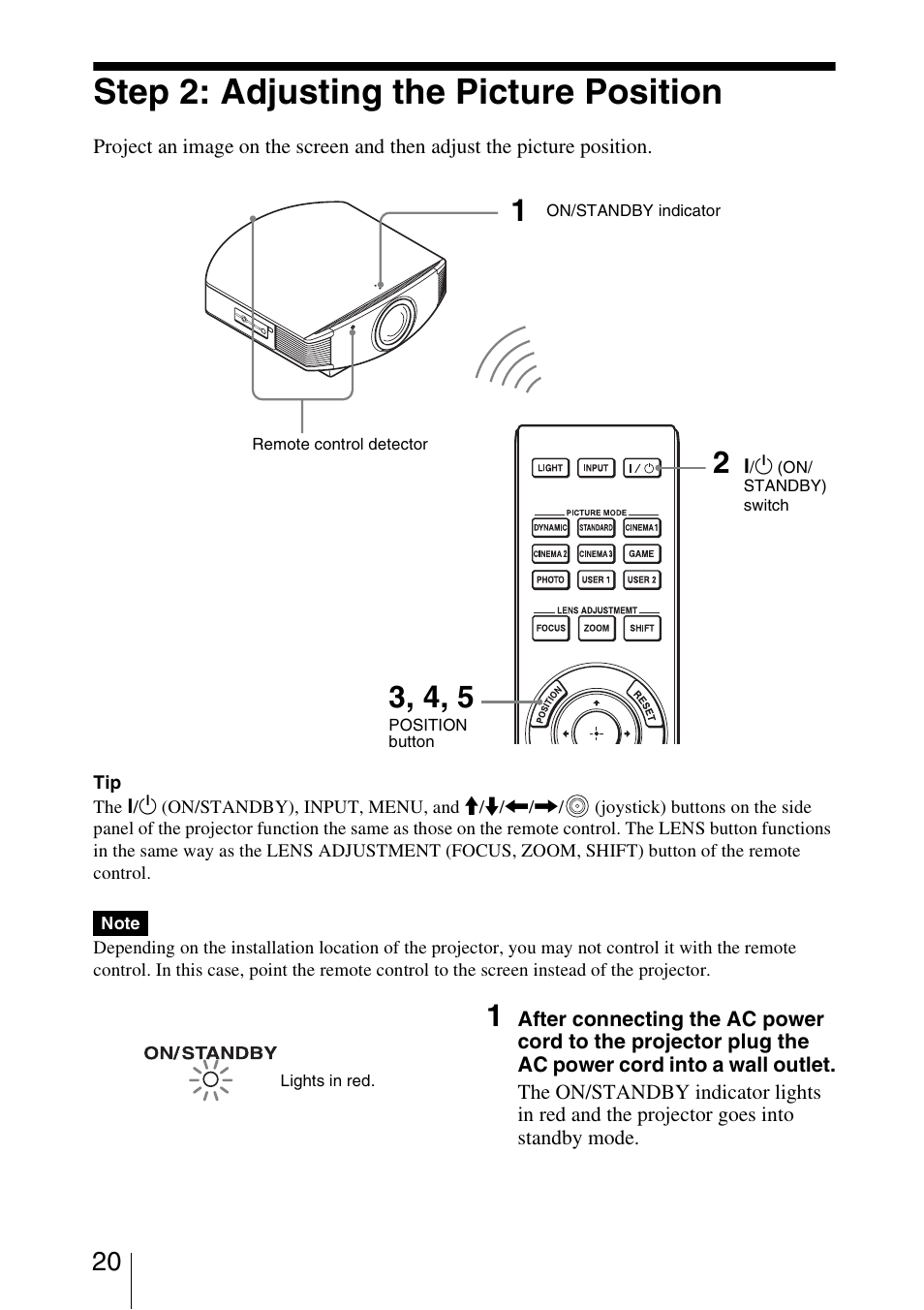 Step 2: adjusting the picture position, E, see “step 2: adjusting the picture position | Sony VPL-VW95ES User Manual | Page 20 / 95