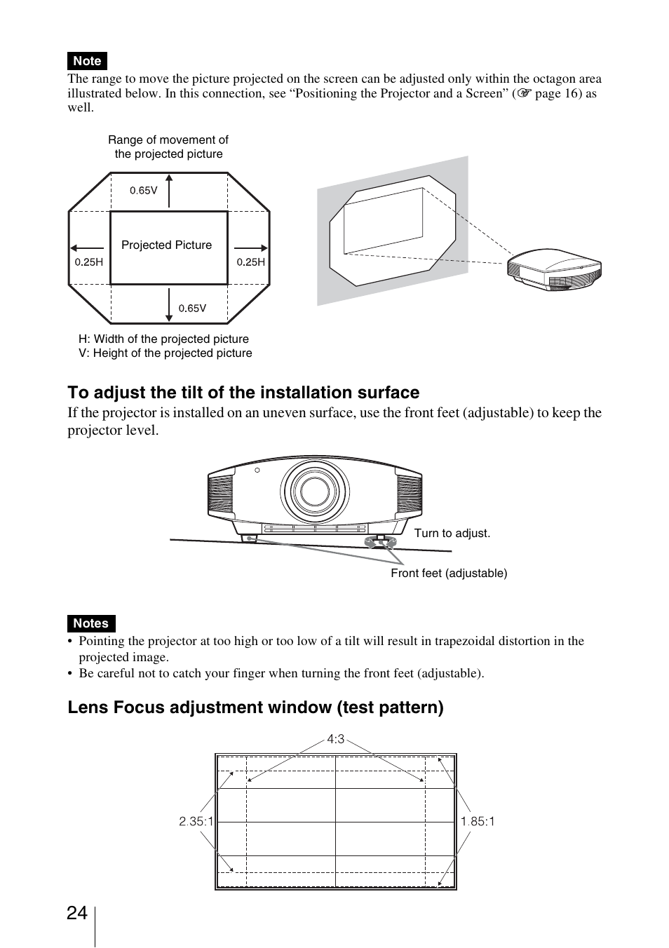 Lens focus adjustment window (test pattern) | Sony VPL-VW95ES User Manual | Page 24 / 95