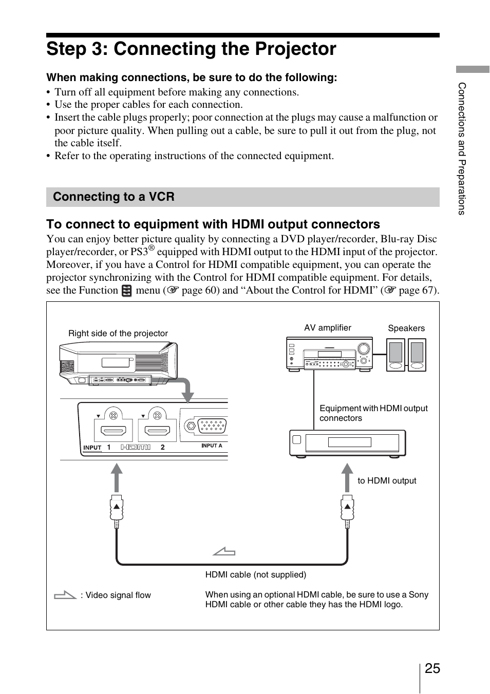 Step 3: connecting the projector, Connecting to a vcr | Sony VPL-VW95ES User Manual | Page 25 / 95