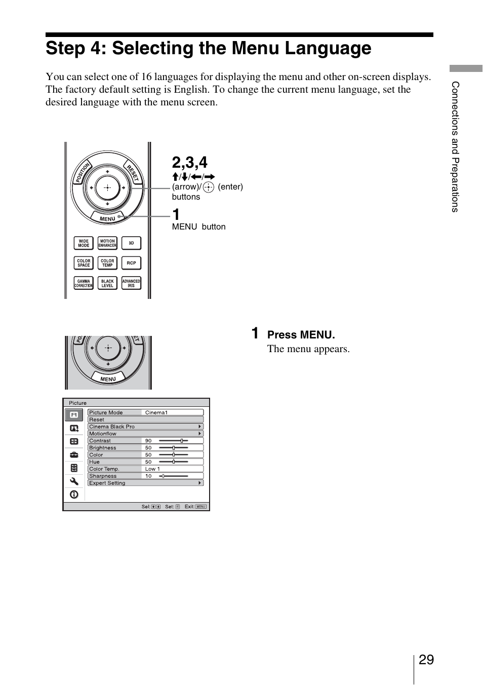 Step 4: selecting the menu language | Sony VPL-VW95ES User Manual | Page 29 / 95