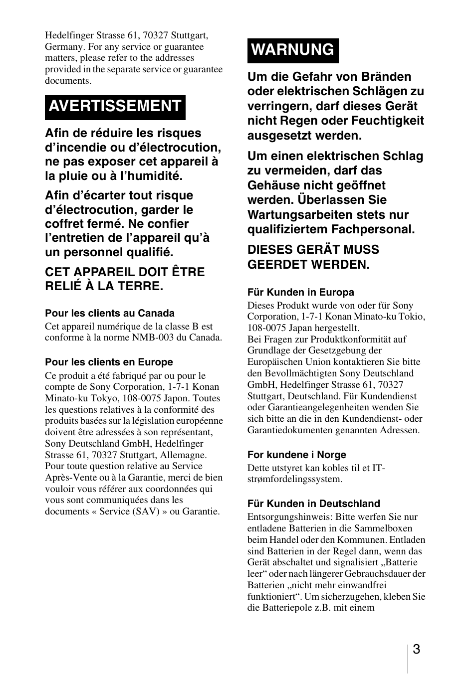 Avertissement warnung | Sony VPL-VW95ES User Manual | Page 3 / 95