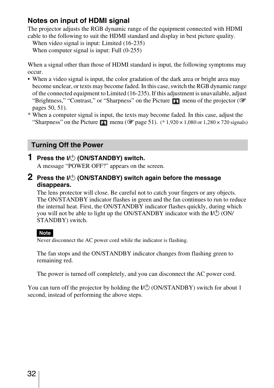 Turning off the power | Sony VPL-VW95ES User Manual | Page 32 / 95