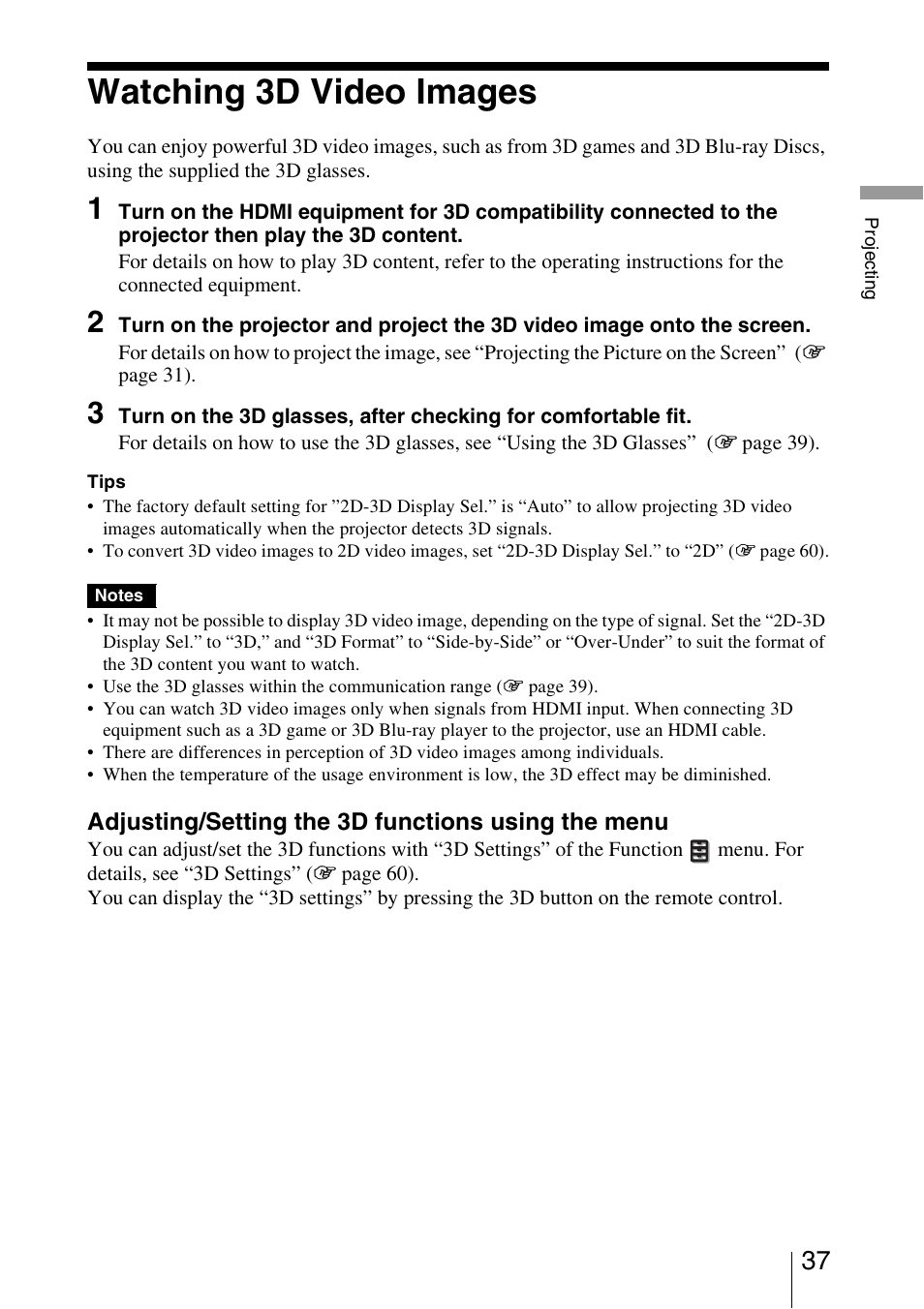 Watching 3d video images | Sony VPL-VW95ES User Manual | Page 37 / 95