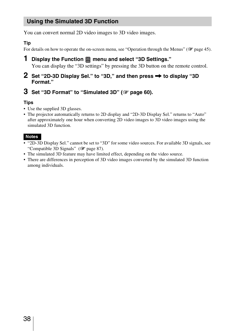 Using the simulated 3d function | Sony VPL-VW95ES User Manual | Page 38 / 95