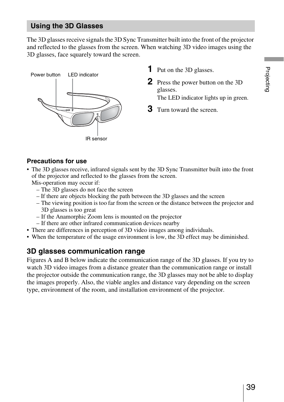 Using the 3d glasses, See “using the 3d glasses | Sony VPL-VW95ES User Manual | Page 39 / 95