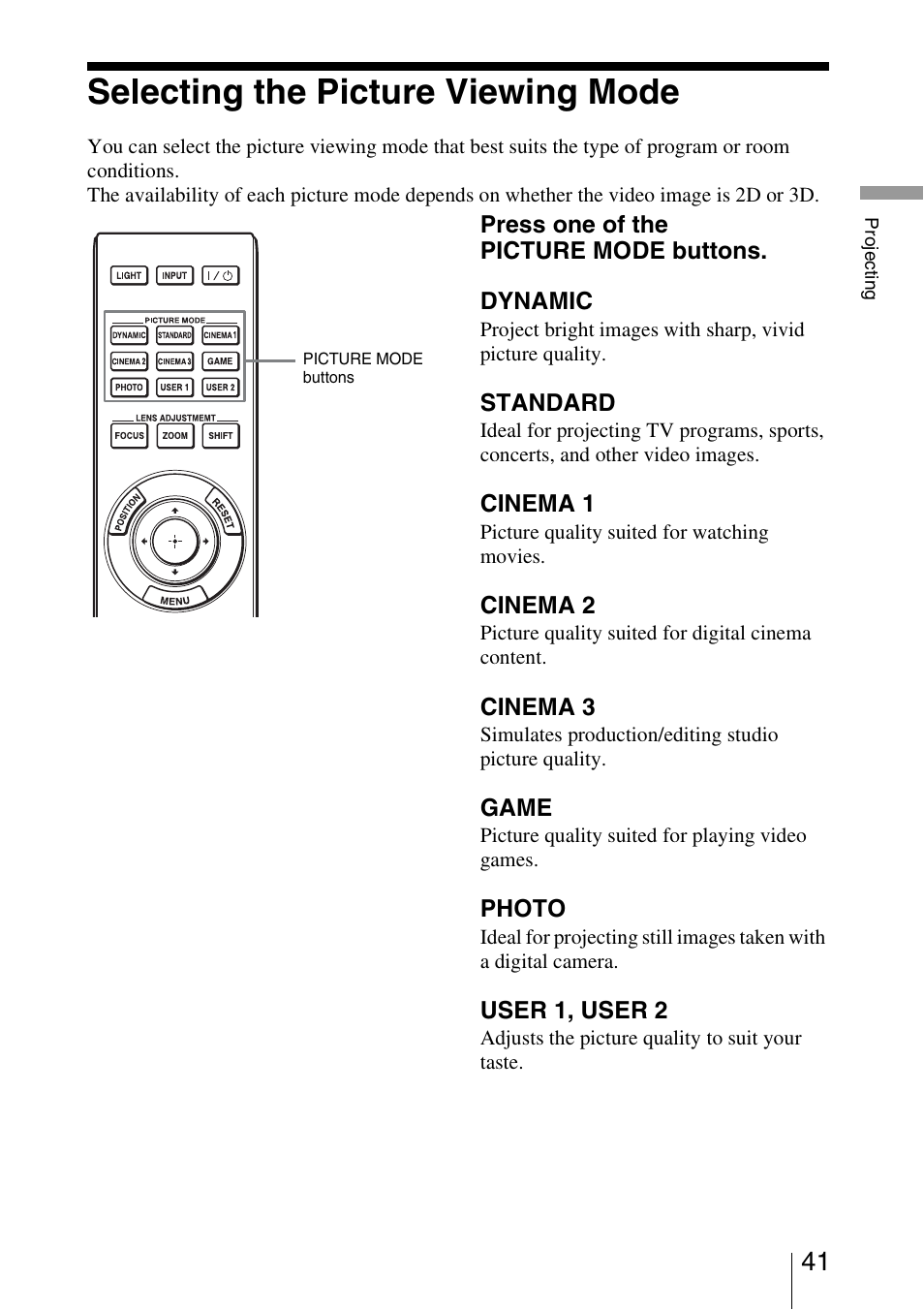 Selecting the picture viewing mode | Sony VPL-VW95ES User Manual | Page 41 / 95