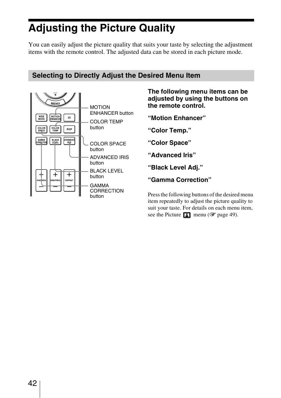 Adjusting the picture quality, Selecting to directly adjust the desired menu item | Sony VPL-VW95ES User Manual | Page 42 / 95