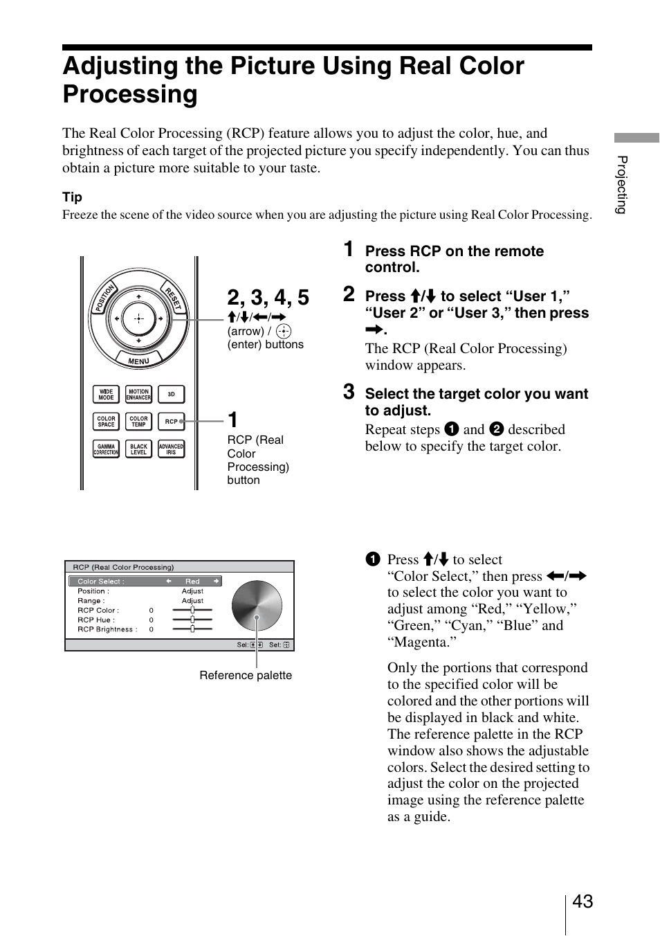 Adjusting the picture using real color processing | Sony VPL-VW95ES User Manual | Page 43 / 95