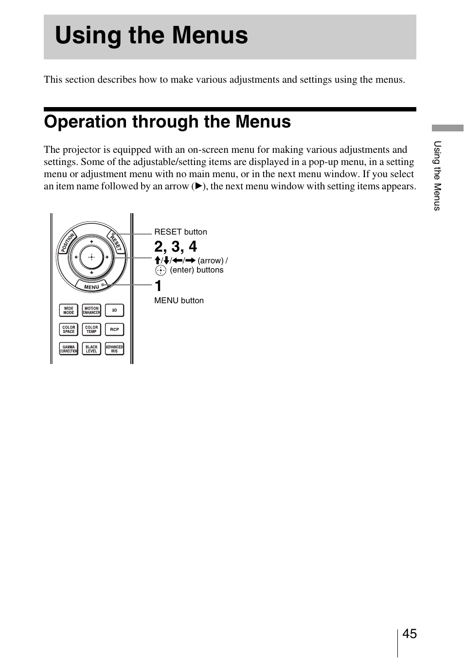 Using the menus, Operation through the menus | Sony VPL-VW95ES User Manual | Page 45 / 95