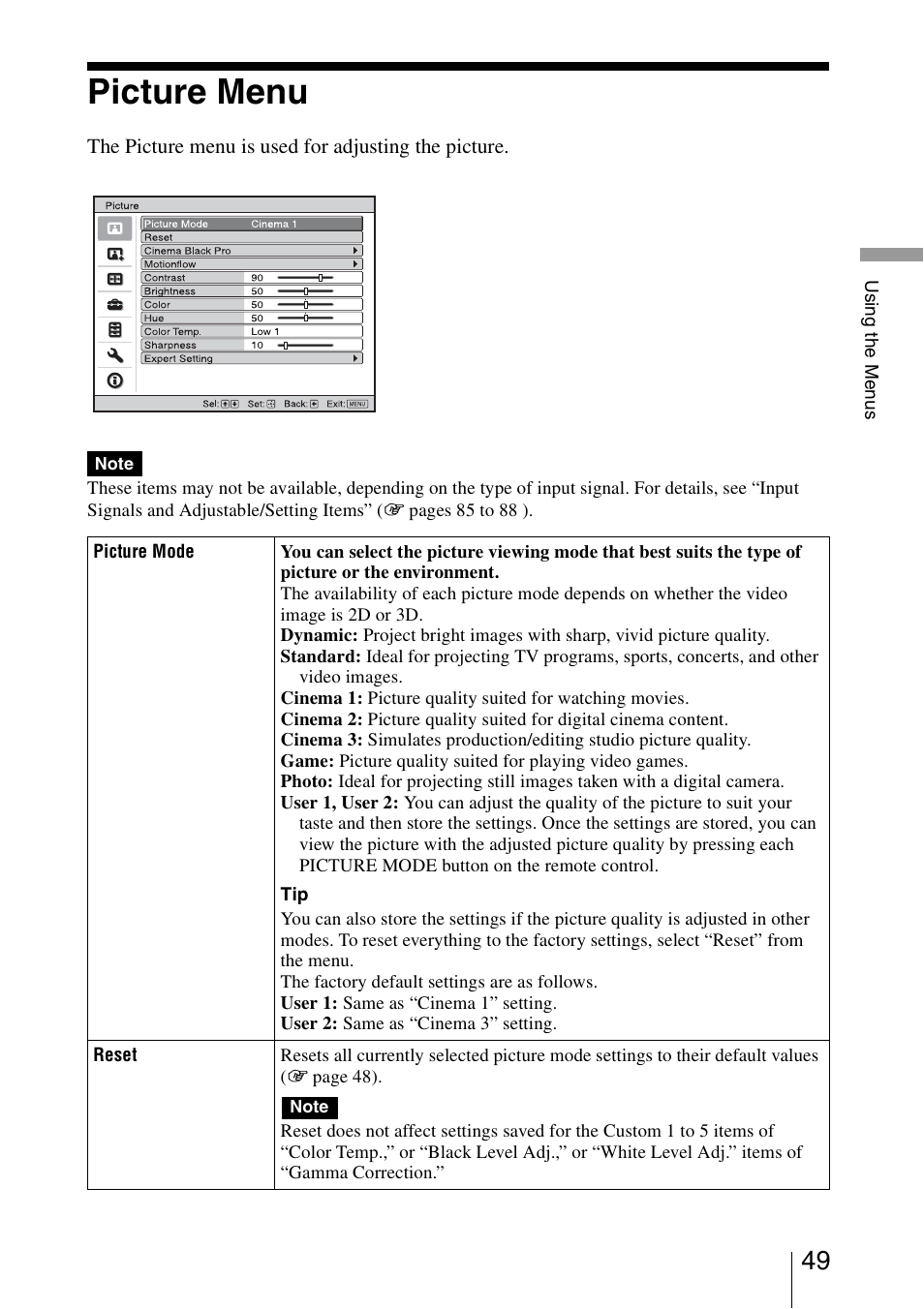 Picture menu | Sony VPL-VW95ES User Manual | Page 49 / 95