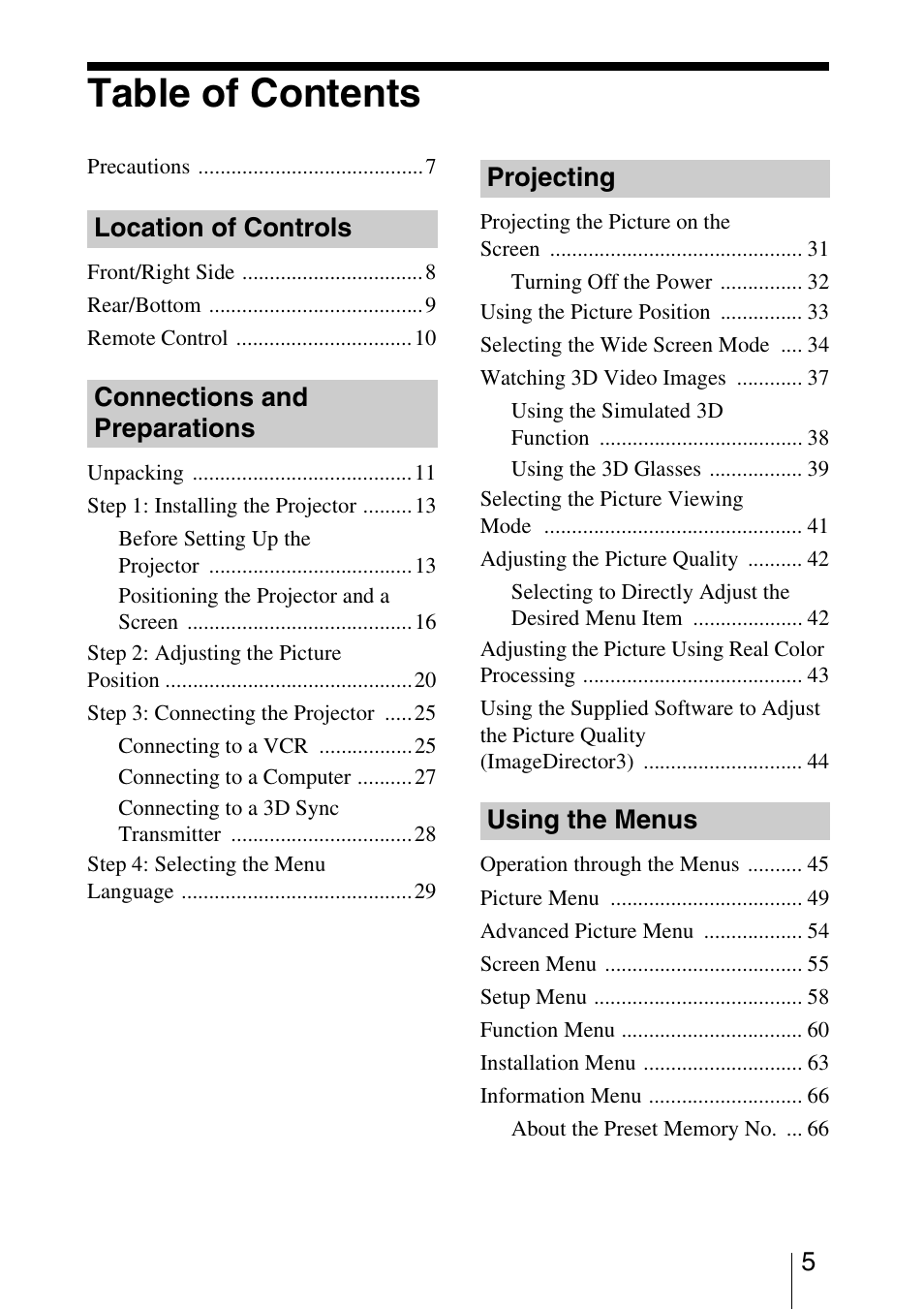 Sony VPL-VW95ES User Manual | Page 5 / 95