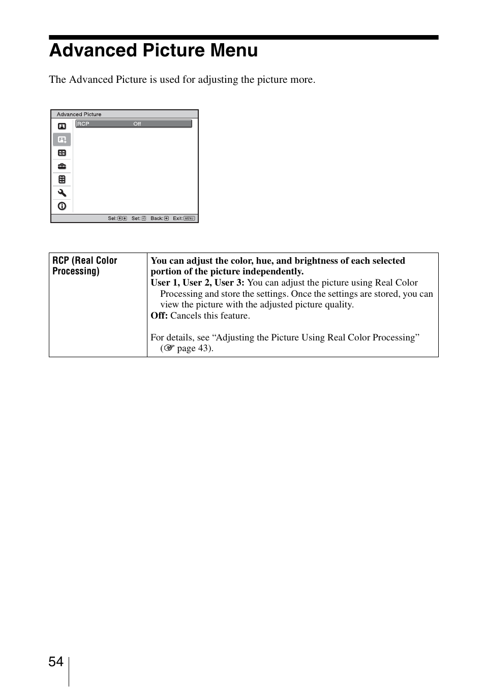 Advanced picture menu | Sony VPL-VW95ES User Manual | Page 54 / 95