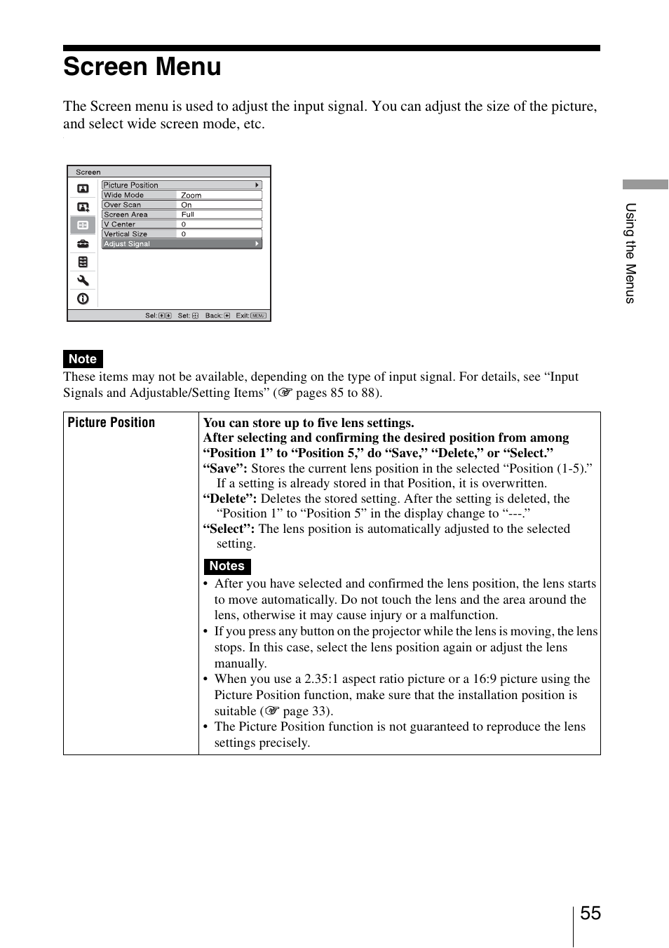 Screen menu | Sony VPL-VW95ES User Manual | Page 55 / 95