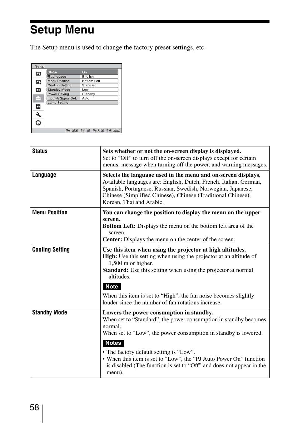 Setup menu | Sony VPL-VW95ES User Manual | Page 58 / 95