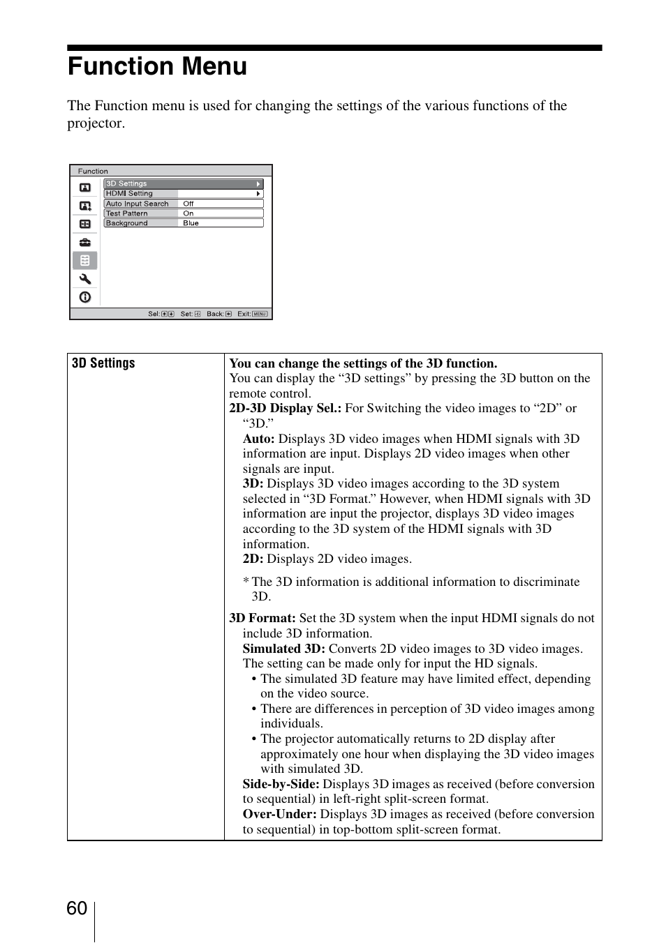 Function menu | Sony VPL-VW95ES User Manual | Page 60 / 95