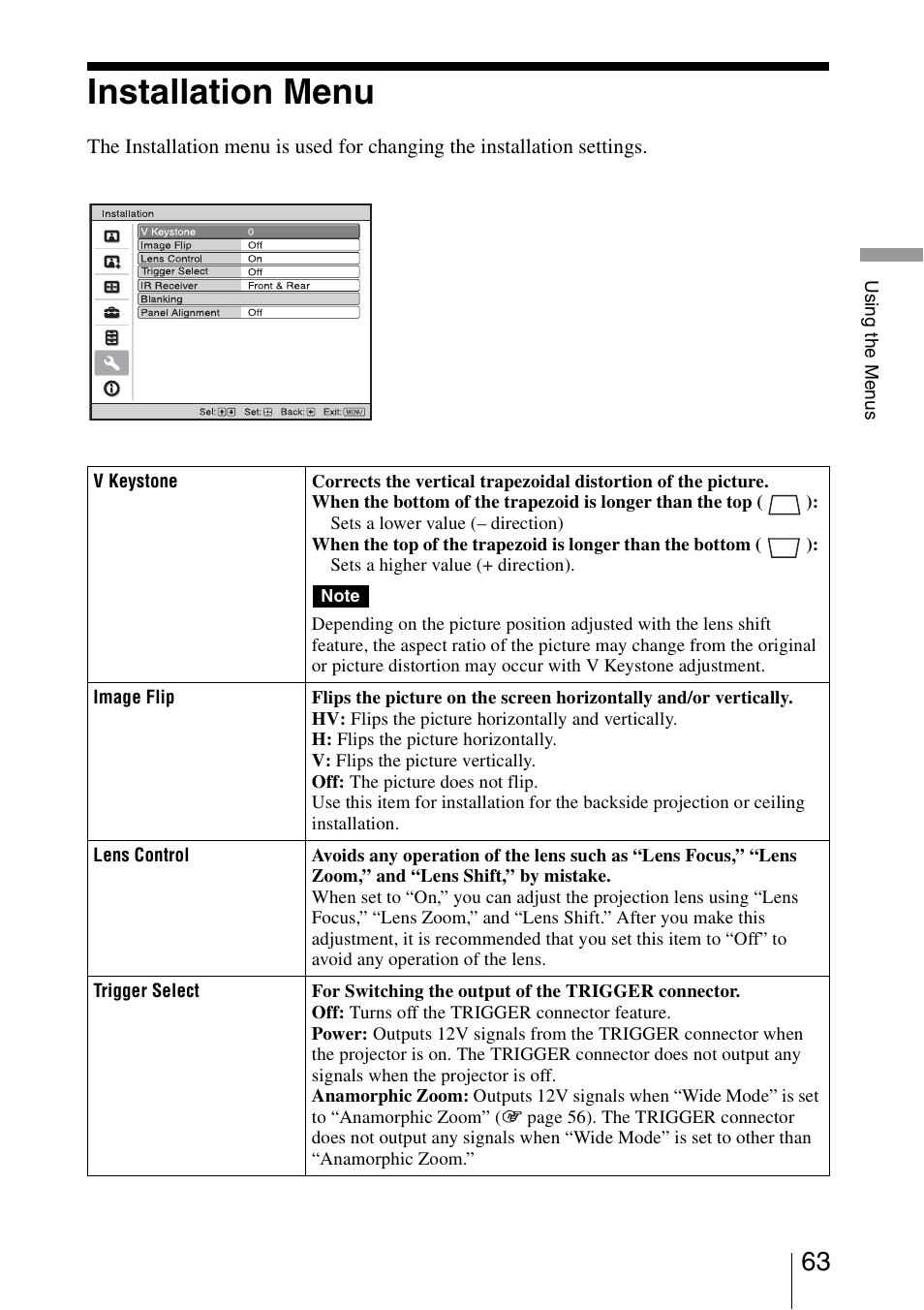 Installation menu | Sony VPL-VW95ES User Manual | Page 63 / 95