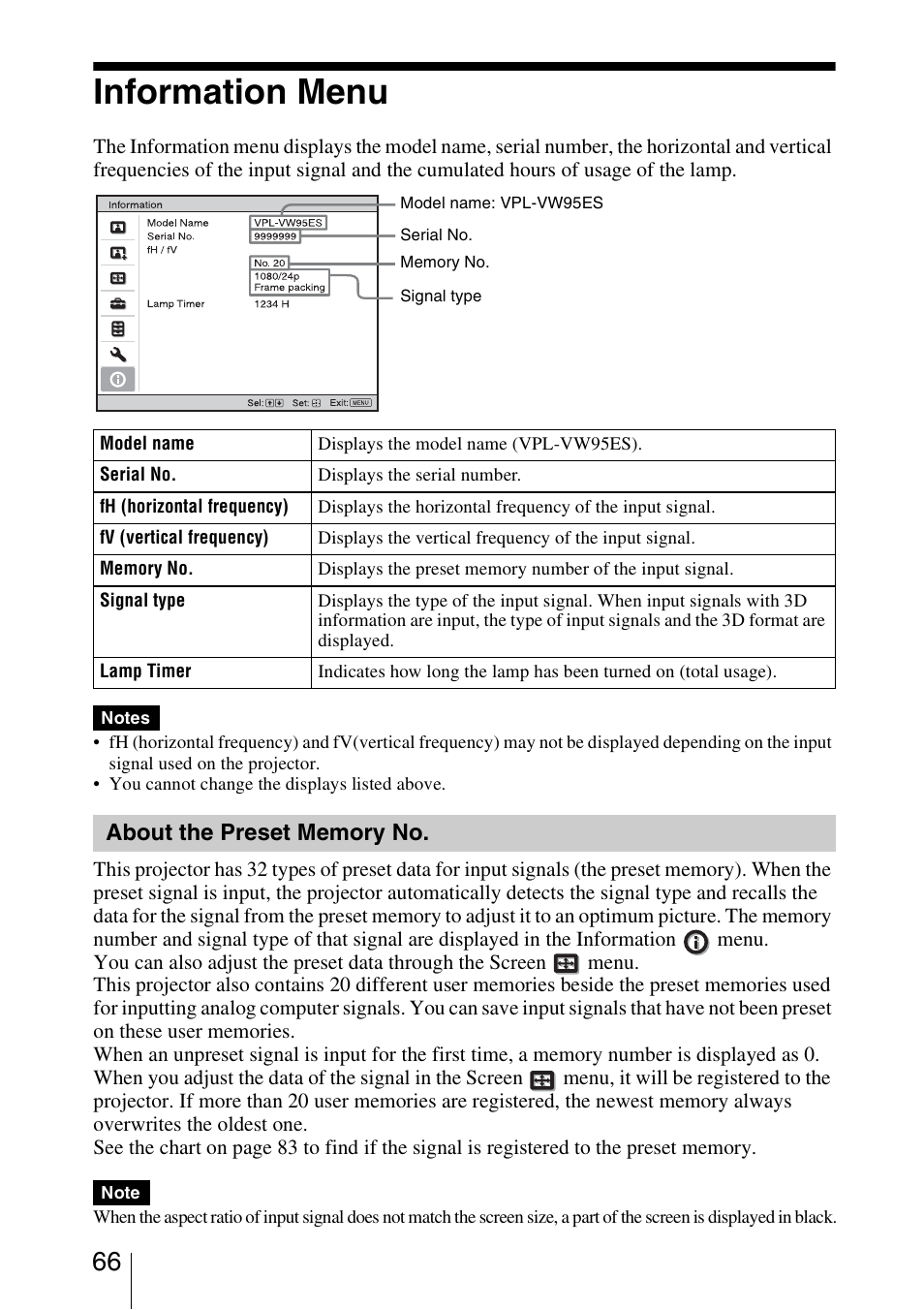 Information menu, About the preset memory no | Sony VPL-VW95ES User Manual | Page 66 / 95