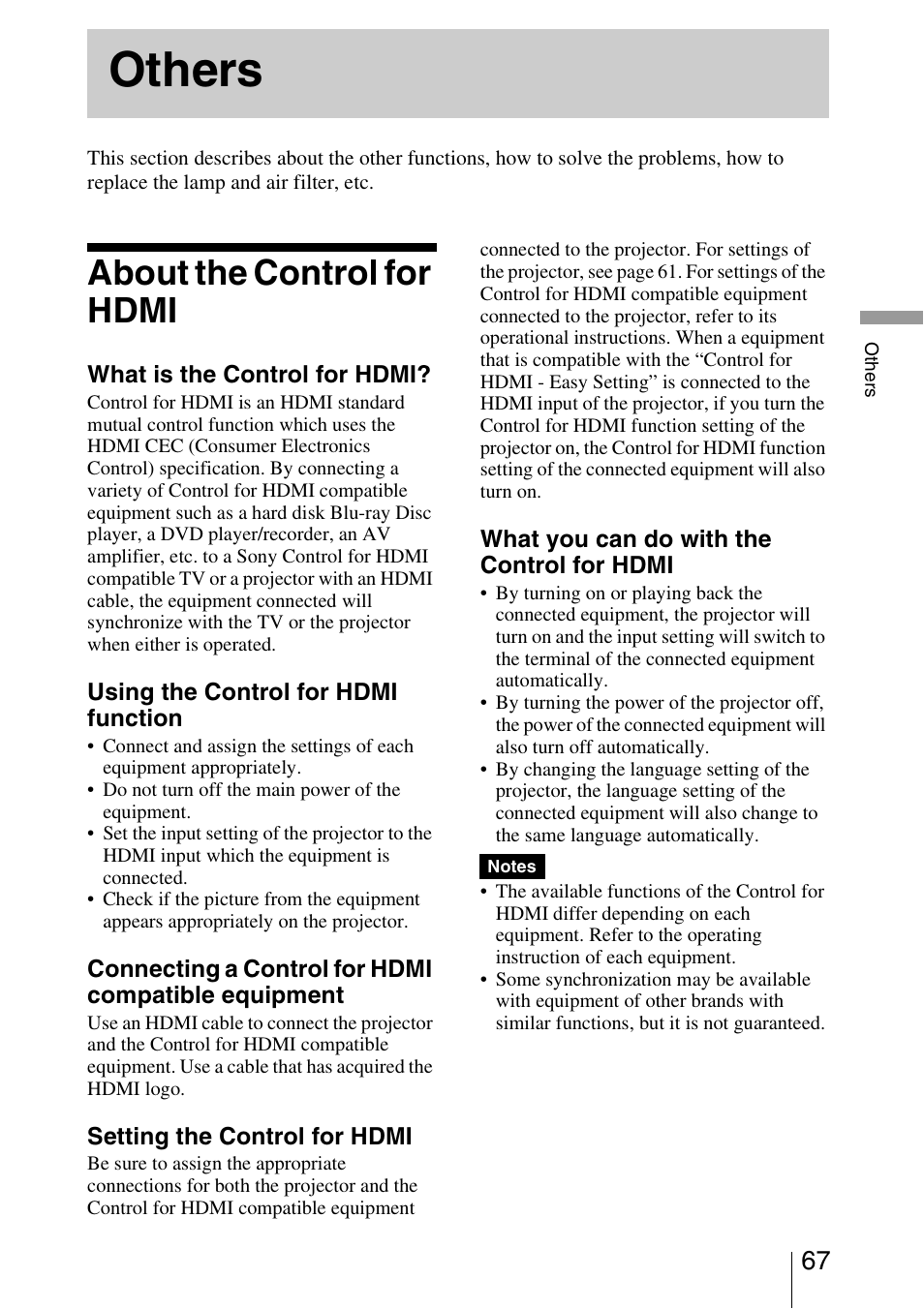 Others, About the control for hdmi, E “about the control for hdmi | Sony VPL-VW95ES User Manual | Page 67 / 95