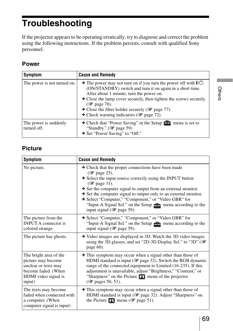 Troubleshooting, Power picture | Sony VPL-VW95ES User Manual | Page 69 / 95