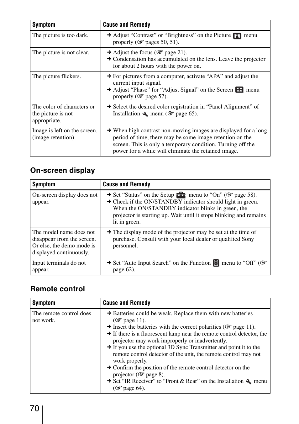 On-screen display remote control | Sony VPL-VW95ES User Manual | Page 70 / 95