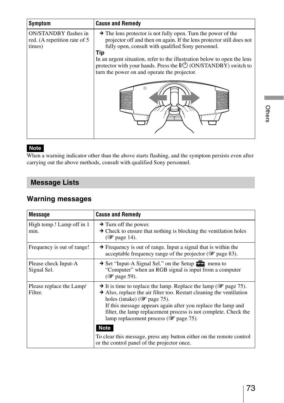 Message lists, Warning messages | Sony VPL-VW95ES User Manual | Page 73 / 95