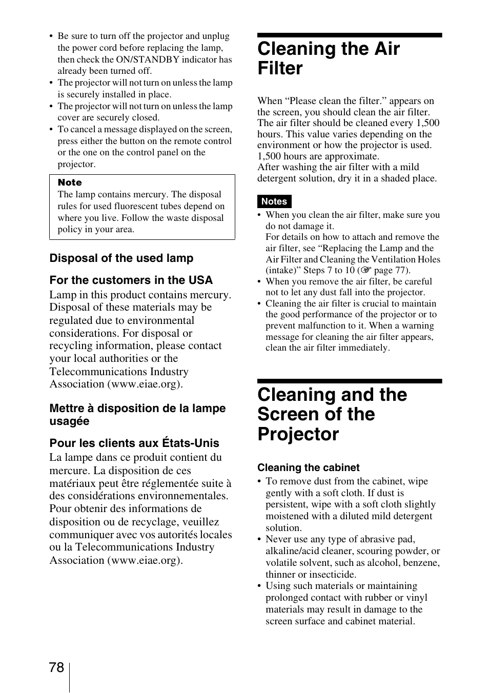 Cleaning the air filter, Cleaning and the screen of the projector | Sony VPL-VW95ES User Manual | Page 78 / 95