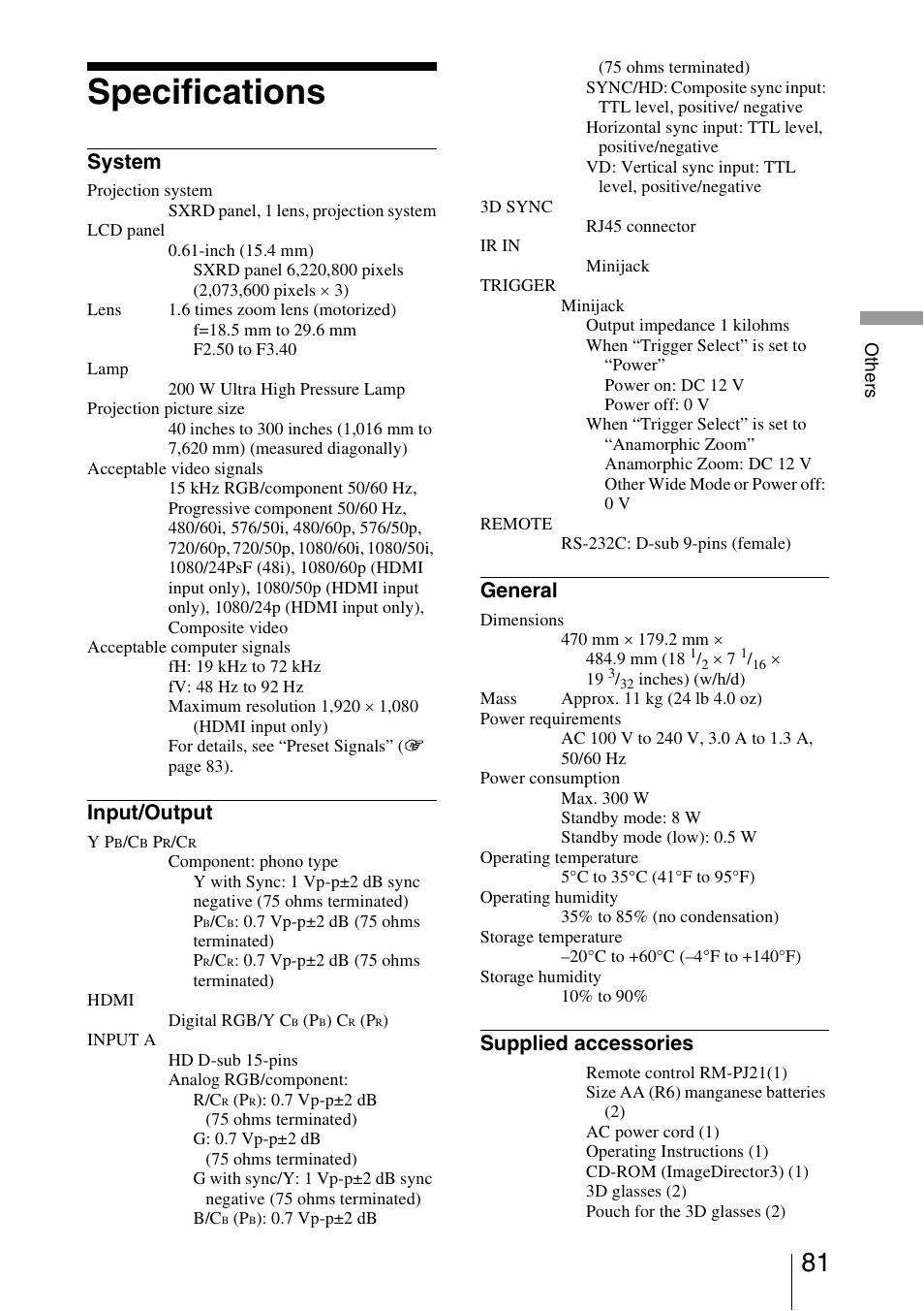 Specifications, System, Input/output | General, Supplied accessories | Sony VPL-VW95ES User Manual | Page 81 / 95