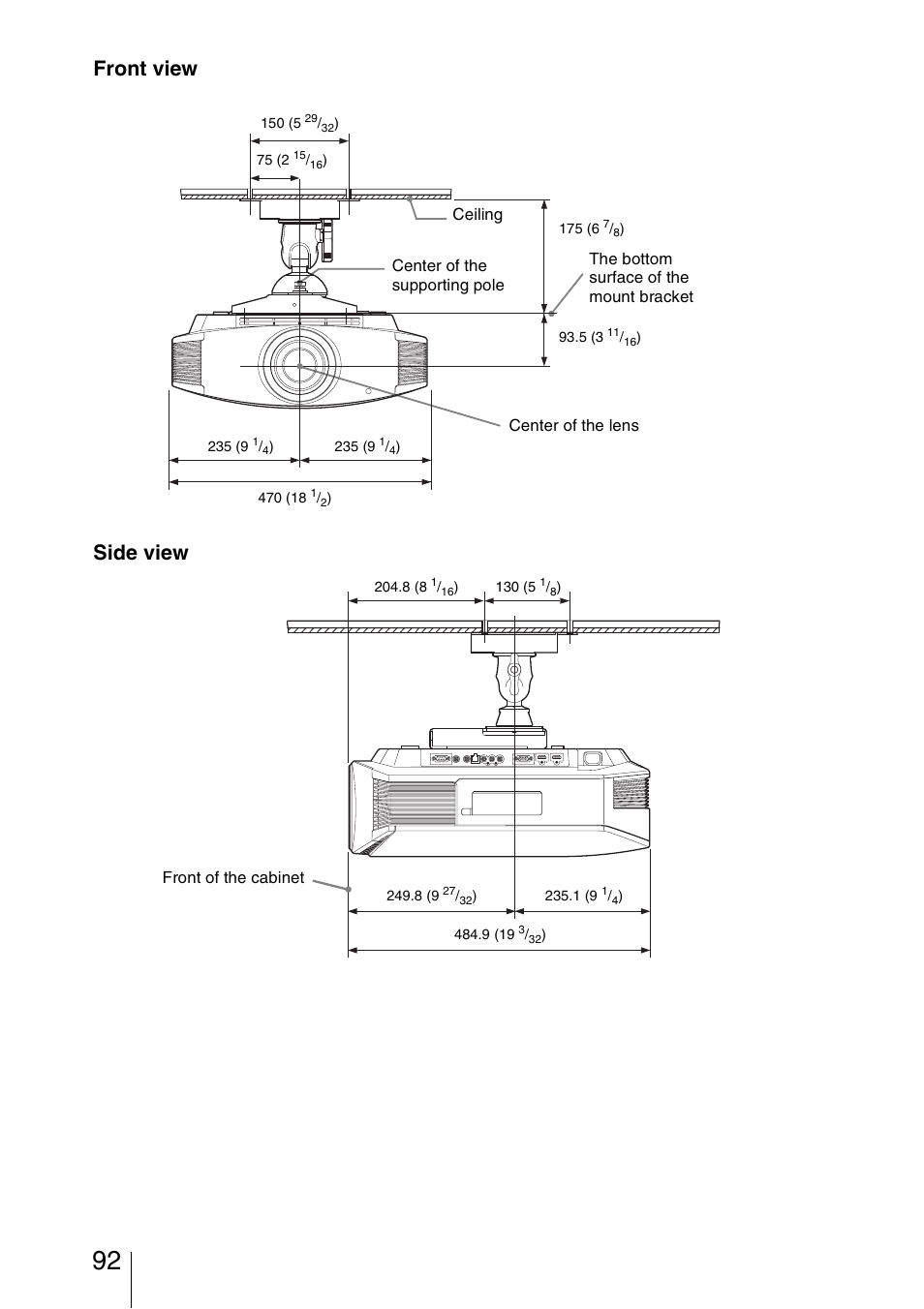 Front view side view | Sony VPL-VW95ES User Manual | Page 92 / 95